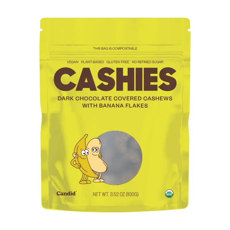 Candid | CASHIES — Chocolate covered cashews with banana flakes