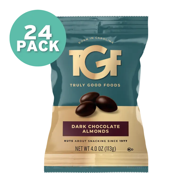 Dark Chocolate Almonds – 24 pack, 4oz snack bags