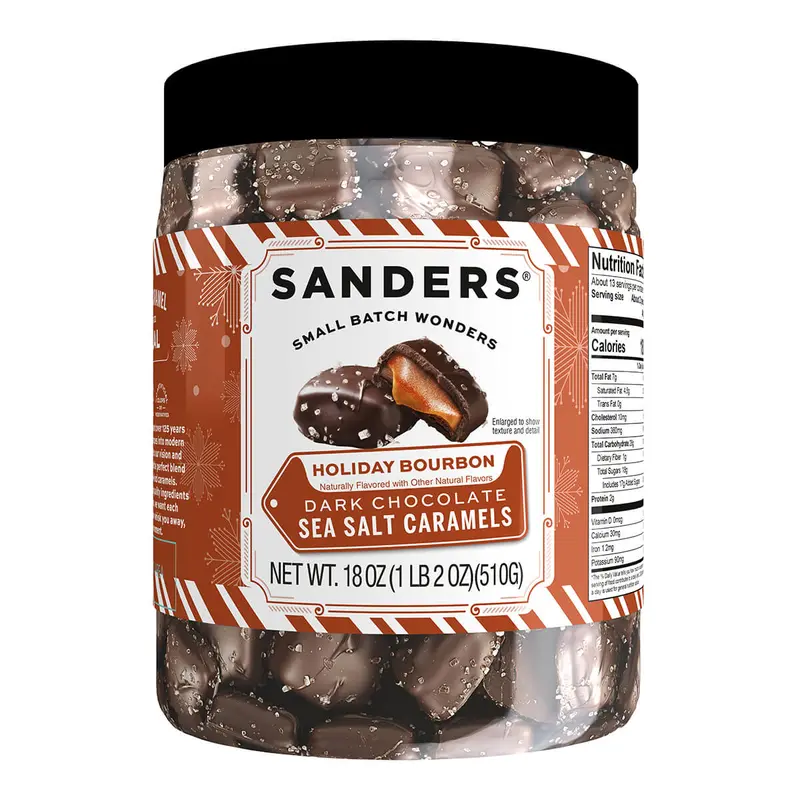 Dark Chocolate Holiday Bourbon Flavored Sea Salt Caramel 18 oz. Tub