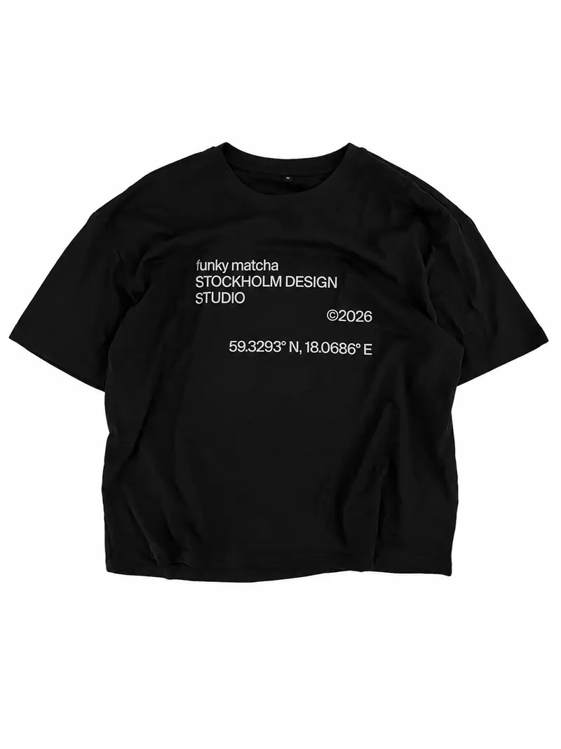 Funky Matcha Stockholm Design Studio Black T-Shirt — Boxy Fit, Silver Reflective Print (Unisex)