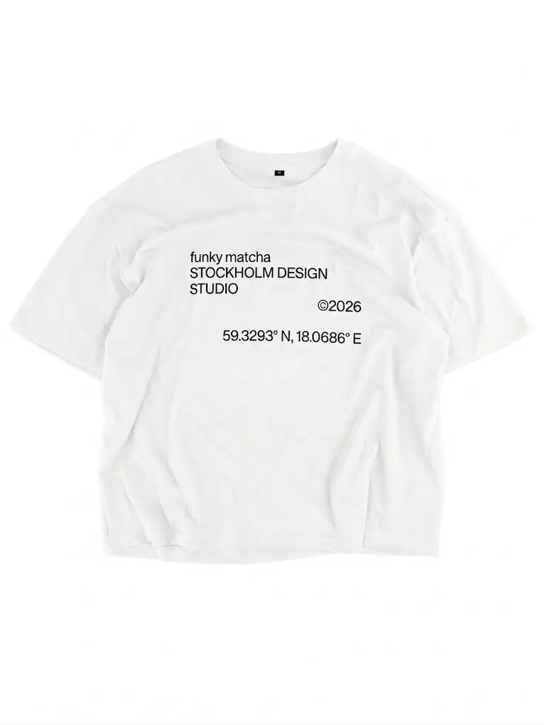 Funky Matcha Stockholm Design Studio White T-Shirt — Boxy Fit, Black Print (Unisex)