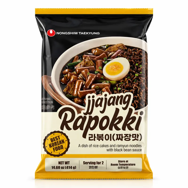 Nongshim Jjajang Rapokki – Riskakor & Ramyun med Svart Bönsås 414g