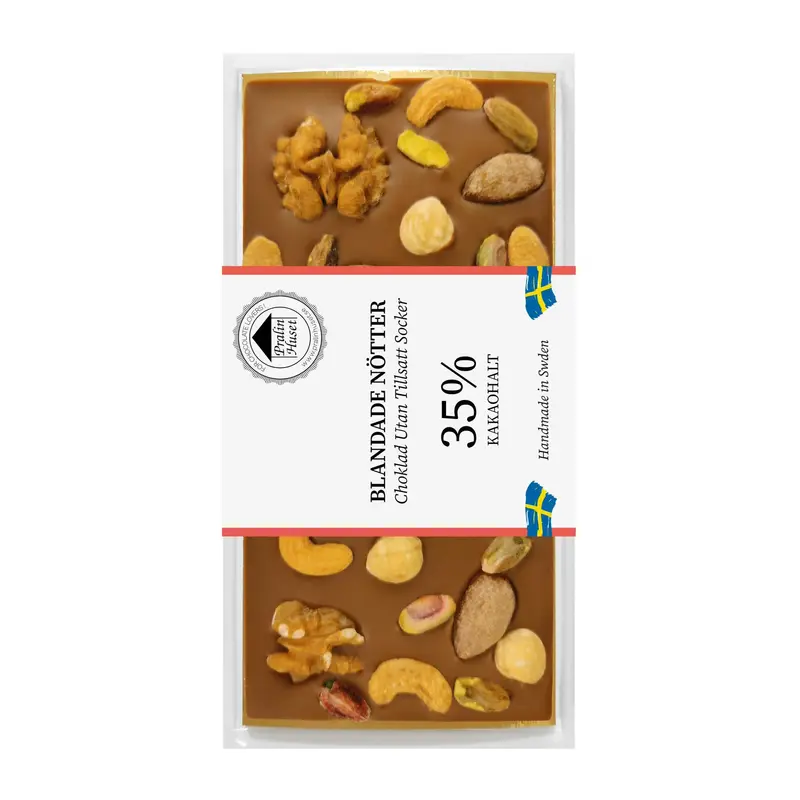Pralinhuset Sockerfi Mjölkchoklad 35% med Blandade Nötter 100g