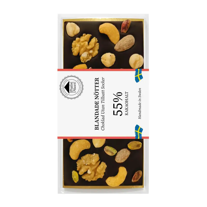 Pralinhuset Sockerfri Mörk Choklad Nötter 55% 100g