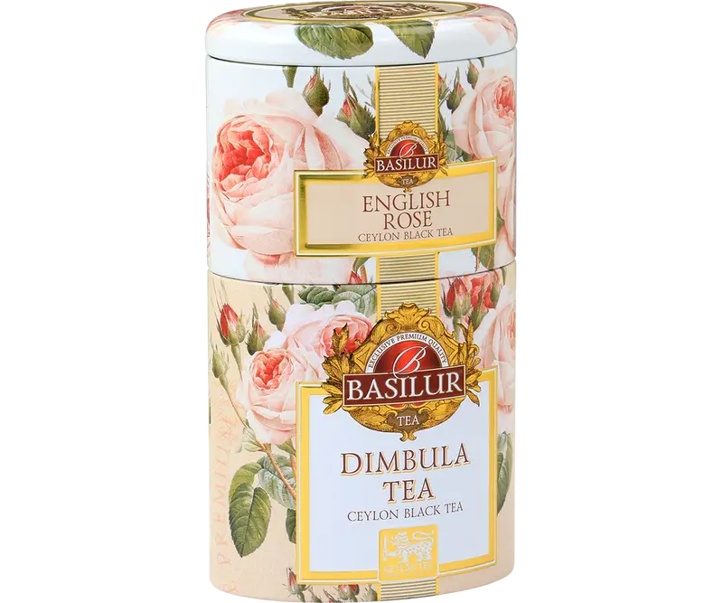 Svart Ceylon-te med ros & Dimbula – Basilur 2-lagers teburk