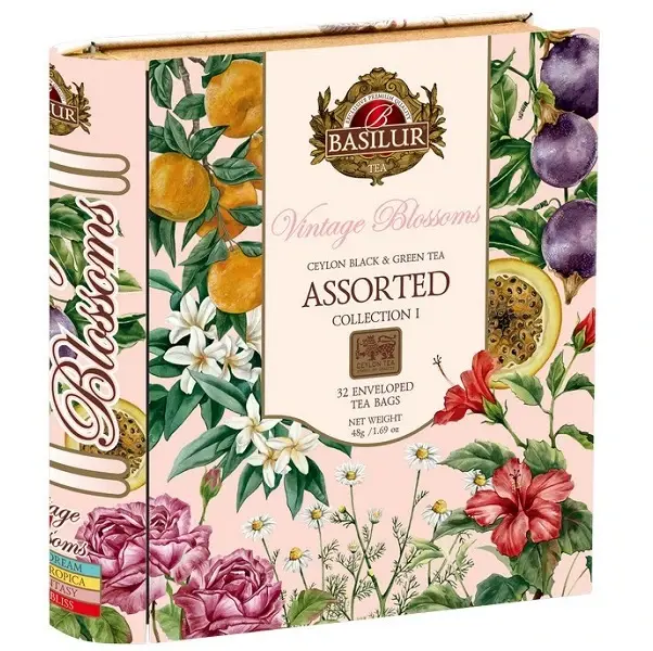 Vintage Blossoms tebok i plåt – 32 tepåsar med blomstrande smaker