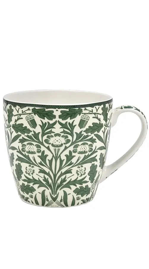 William Morris Acorn frukostmugg med vit botten och grönt mönster